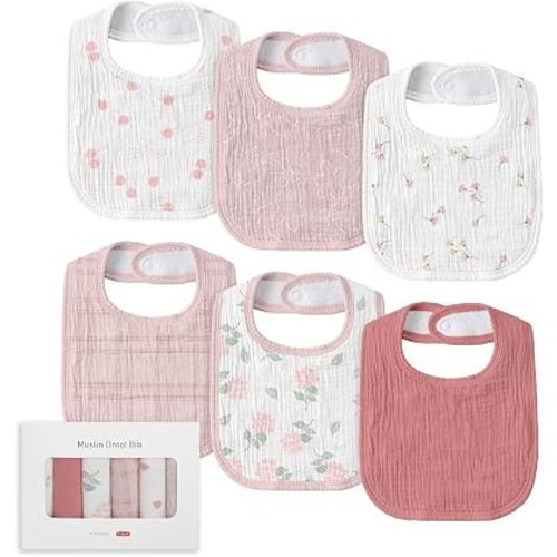 Muslin Baby Drool Bibs 6 Pack, Soft Cotton Infant Bib for Teething Newborn