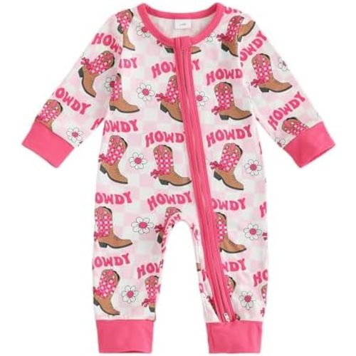 Lefyira Western Baby Girl Clothes Horse Print Cow Romper Zipper Long Sleeve Jumpsuit Infant Cowgirl Outfit Fall Clothes