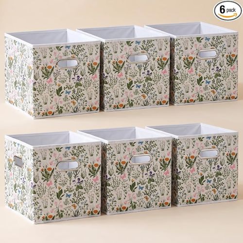 6pcs Wild Floral Fabric Storage Cubes Organizer with Handles, Sturdy Storage Bins for Organization, 10.5" x 10.5" x 11"