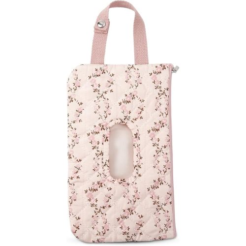 Quilted Baby Diaper and Wipes Pouch Portable Mommy Bag for Stroller Reusable Wipes Pouch with Lanyard for Casual Travel (Pink Flower)