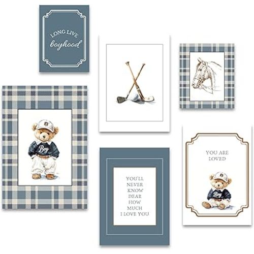 6 Pcs Boy Teddy Bear Nursery Wall Art Blue Long Live Boyhood Wall Decor Pictures Lattice Horsehead Golf Canvas Posters Prints for Boys Kids Toddler Room Home Decoration 8x10in Unframed