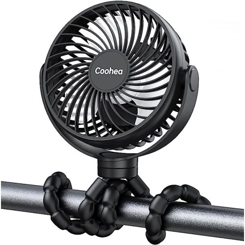 Coohea Stroller Fan Battery Operated Portable Fan USB Rechargeable Small Fan with Flexible Tripod Cooling Fan Clip on for Baby Stroller Crib Car Seat Beach Golf Cart Bike, 3 Speeds Wind, Black