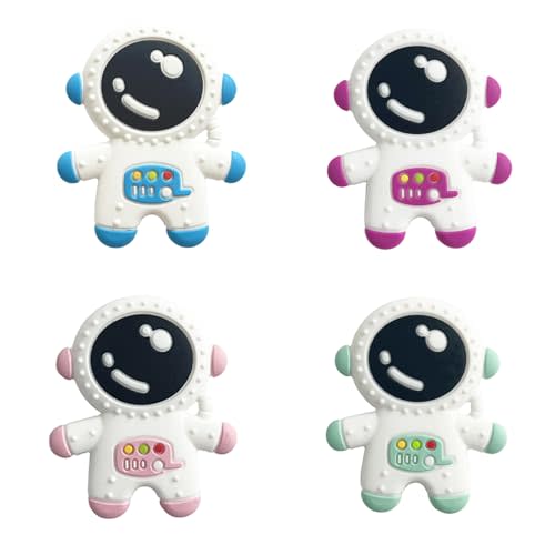 Baby Teething Spaceman Toy for 3+ Months Infants Sucking, Food Grade Silicon Astronaut Styling Teether, BPA Free (4 in 1 Pack)