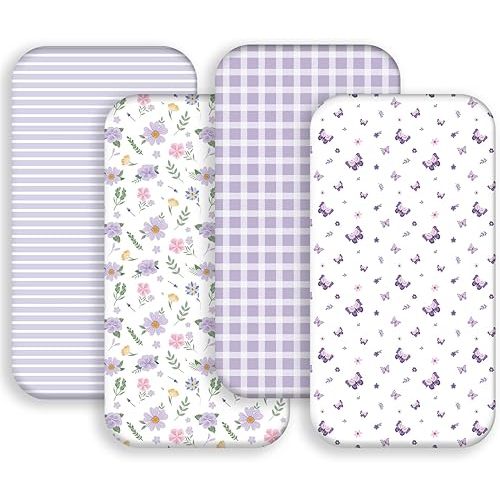4 Pack Butterfly Baby Crib Sheets for Baby Girls Purple Crib Fitted Sheets for Standard Size Crib and Toddler Mattress Soft and Breathable (Bassinet)