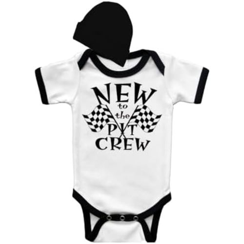 Newborn Racing Onepiece Ringer Short Sleeve Baby Bodysuit and Cap Gift set - New to the Pit Crew