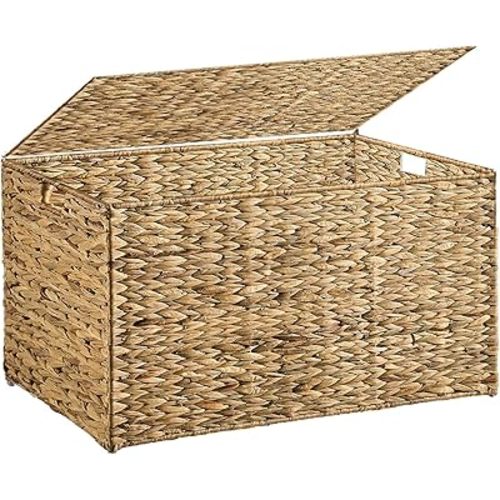 MOORLITER Water Hyacinth Storage Basket with Lid, 52.8 Gallon (200L) Wicker Storage Trunk with Handles, Handwoven Large Wicker Storage Basket for Blanket, Foldable, for Living Room, Bedroom, Natural