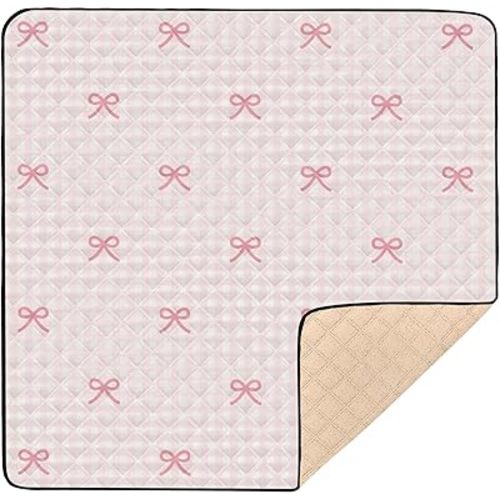 Baby Play Mat Pink Checkered and Bows 50 x 50 Playpen Mat Baby Play Mats for Floor Play Gym Crawling Mat Non-Slip Cushioned Baby Playmat for Infants, Babies, Toddlers