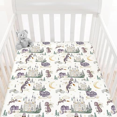 HawSkgFub Cute Dragon Fairy Tale Fitted Standard Crib Sheet Baby Girl Shower Gift, Purple Castle Cloud Moon Star Pine Tree Toddler Mattress Cover, Soft Stretchy Nursery Bed Sheets Decor 52" x 28"