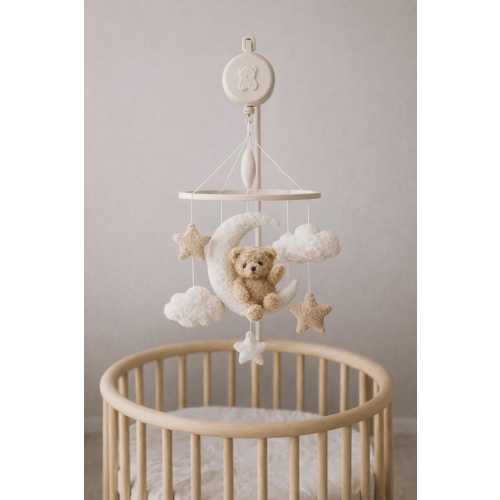Teddy bear on moon Boucle cloud nursery baby mobile, Neutral nursery mobile, Stars baby crib mobile, Clouds mobile,Minimalist nursery mobile