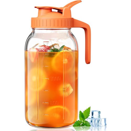 Glass Breast Milk Pitcher with Airtight Lid and Spout, 64oz Mason Jar Pitcher - Wide Mouth, Leakproof Water Jug for Juice, Sun Iced Tea, Cold Brew Coffee, Milk Storage, Orange