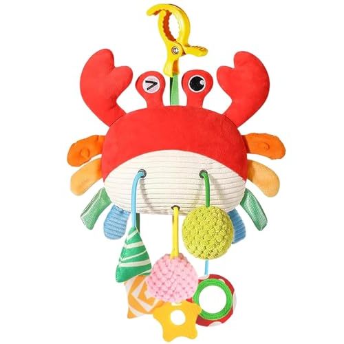 Ivrmtal Car Seat Toys for Babies, Crab Baby Toys 0-6 Months Infant Carseat Hanging Stroller Accessories Sensory Newborn Easter Gift 1 2 3 4 5 6 Month Old Boy Essentials Stuff with Clip, Rattle, Mirror