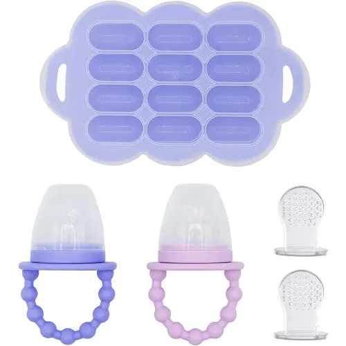 WeeSprout Baby Food Feeder Set - 2 Silicone Feeders & Reusable Freezer Tray with Lid - BPA-Free Fresh Fruit & Veggie Pacifier for Babies & Toddlers - Double as Teething Toys - Dishwasher Safe