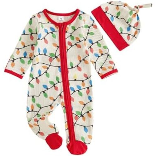 Newborn Baby Boy Girl Christmas Outfit String Print Waffle Footies Long Sleeve Zip Up Footed Jumpsuit Fall Clothes Set