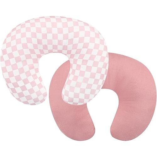 DILIMI Muslin Nursing Pillow Cover 2 Pack, Removable Nursing Cover for Breastfeeding Pillows, Ultra Soft Comfortable Slipcover for Baby Girl and Boy, Pink and Checkered