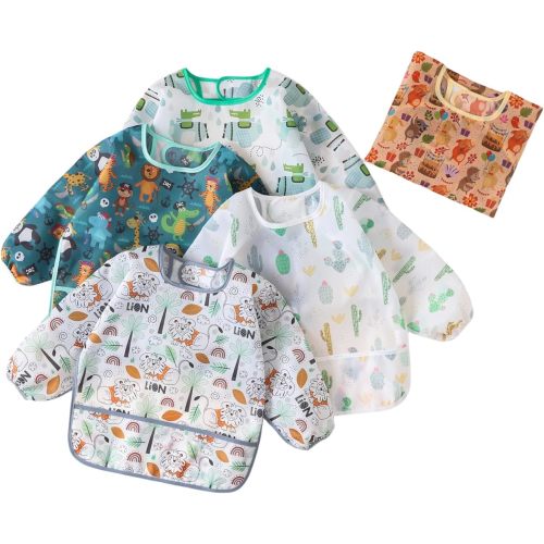 5 Pcs Long Sleeved Baby Toddler Bibs Waterproof Sleeved Bib 3-24 Months