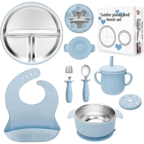 Stainless Steel Kids Plates and Bowls Set with Suction, Divided Baby Plate and Toddler Bowl with Removable Silicone Suction,Stainless Steel Weaning Bundle, Silicone Baby Feeding Set (Blue)
