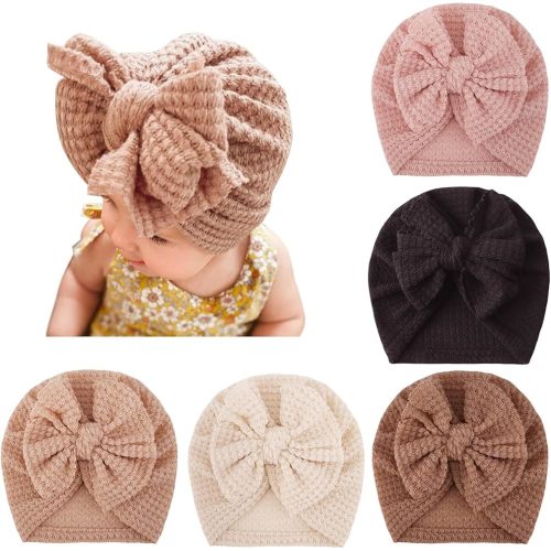 DRESHOW BQUBO 5 Pieces Newborn Baby Turban Hats Bow Baby Infant Beanie Breathable Toddler Cap for Baby Girls