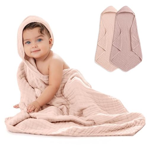 Hooded Baby Towel 2-Pack, Large 32 x 32 Inch - 6 Layer 100% Muslin Cotton for Babies, Toddlers, Kids - Soft & Absorbent Baby Bath Towels - Unisex Design for Bath Time, Mauve and Blush