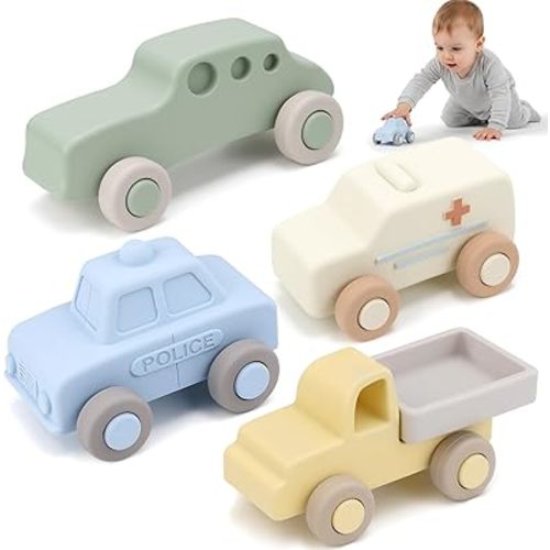 Vanplay Silicone Baby Car Toys with Storage Box - Soft Teething Toys for Babies 6-12 Months, One-Piece Design Push & Pull Baby Toys for Toddlers, Birthday Gifts for Boys Girls（4 PCS）