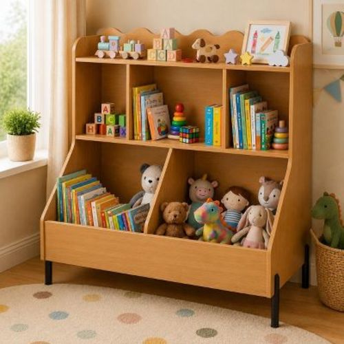 Wooden Montessori Kids Toy Storage Bookshelf with 5 Cubes, Natural