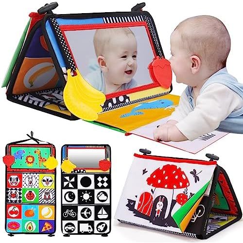 Tummy Time Baby Mirror Toy, Black and White High Contrast Baby Newborn Toys 3 6 12 Months, Montessori Crinkle Cloth Book Sensory Activity Development Gift for 0-6 Months Infant Boys Girls Gift