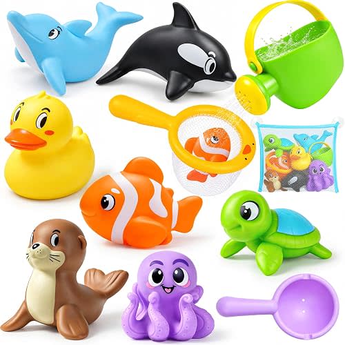 Bath Toys for Kids Toddler Bathtub Toys, No Hole Baby Bath Toys with Floating Rubber Animals, Watering Can, Duck Net and Spoon, 11 Pack Bathtub Sand Beach Pool Toys Water Toys for Kids