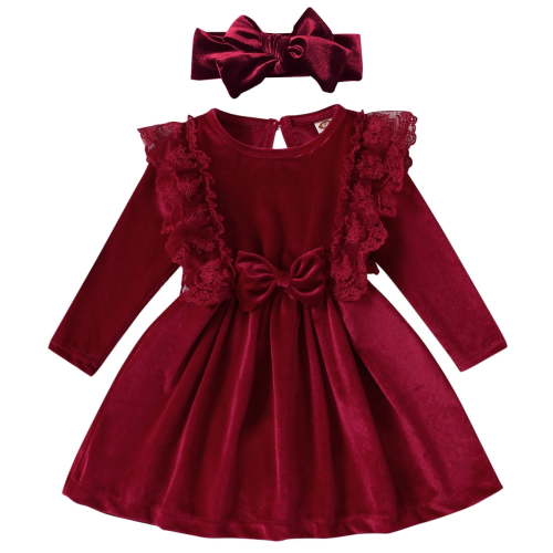 IBTOM CASTLE Vintage Princess Toddler Baby Girl Long Sleeve Velvet Ruffle Tutu Lace Dress Xmas Wedding Birthday Party Fall Winter Clothes 6-9 Months Wine Red