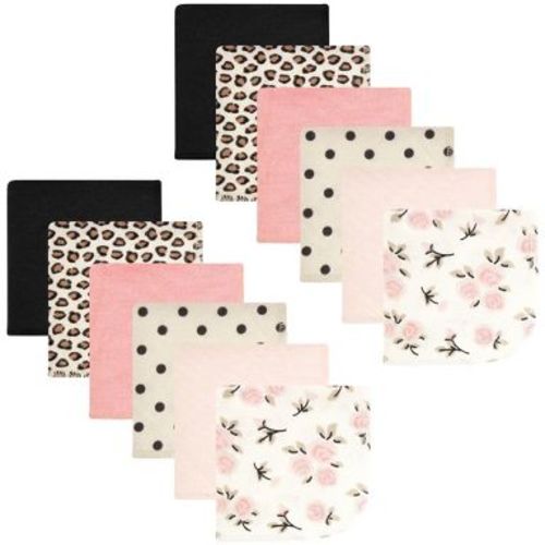 Hudson Baby Infant Girl Cotton Poly Flannel Washcloths, Neutral Pink Floral 12 Pack, One Size