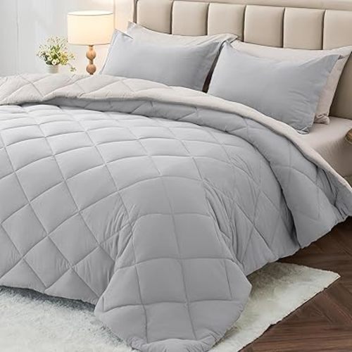 MUXHOMO 7 Pieces Queen Comforter Set, Reversible Bed in a Bag Queen Size, All Season Bedding Set with Comforter, Flat Sheet, Fitted Sheet, Pillowcases & Shams, Light Grey & Beige