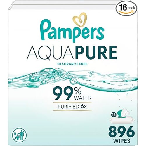 Pampers Aqua Pure Baby Wipes, 99% Water, Fragrance Free, Unscented, Water Based, Multi-Use, 896 Wipes Total (16X Flip-Top Packs) [Packaging May Vary]