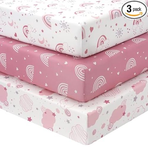Baby Crib Sheets Girl, 3 Pack Toddler Bed Sheets Fitted for 52”x28” Standard Crib and Toddler Mattresses, Super Soft Microfiber Pink Rainbow