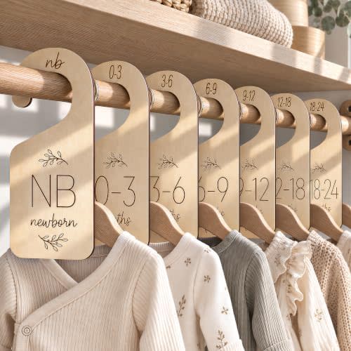 Baby Closet Dividers for Clothes Organizer - Set of 7 Adorable Wooden Double-Sided Baby Clothes Size Hanger Organizer from Newborn to 24 Months for Nursery Beautiful Decor