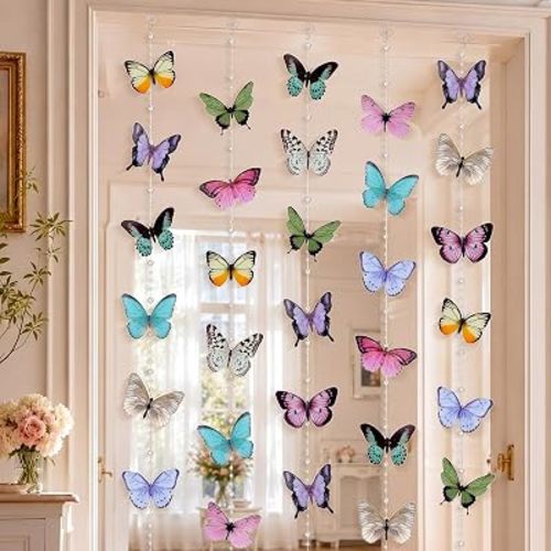 Thiccywoov 5 Pcs Total 25ft Hanging Butterfly Garlands 3D Butterfly Party Decorations PVC Colorful Butterflies Decorative Banner for Birthday Baby Shower Wedding Fairy Backdrop Decor Party Supplies