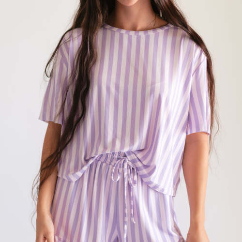 Women's Ruffle Short Set in Purple Stripes