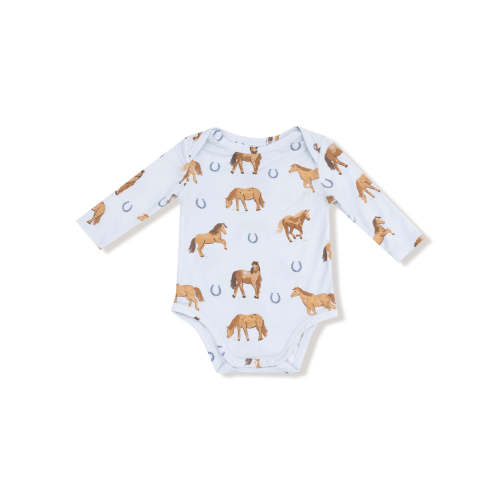 Long Sleeve Bodysuit, Horses Blue