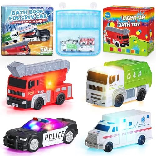 4 Floating Changing Color Light Up Bath Toy Car with Bath Book & Storage Bag, No Hole Realistic Car Bathtub Toys for Toddler Kid 18 month +, Bathroom Tub Pool Beach Swimming Party, Birthday Gift