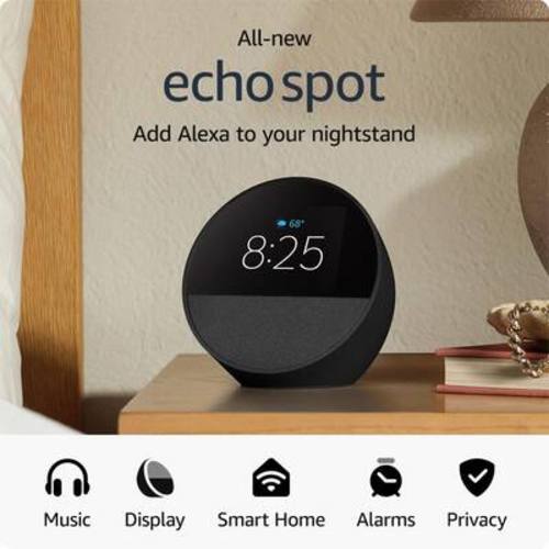 Amazon - Echo Spot (2024 release), Smart alarm clock with vibrant sound and Alexa - Black