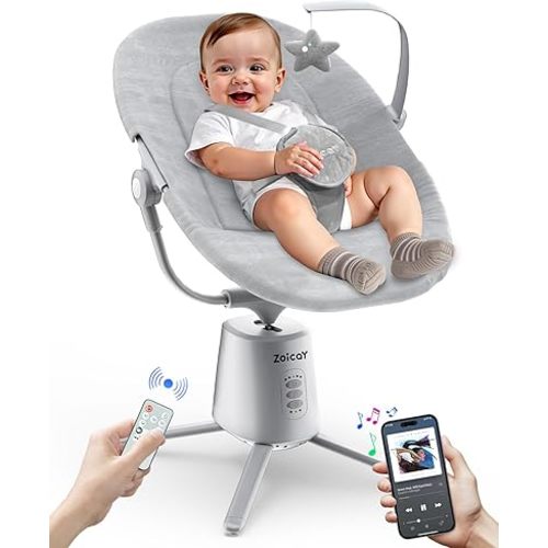 Zoicay Lightweight Baby Swing for Infant with 3 Modes & 5 Speeds, BT Enabled App & Remote Control Electric Swing – 6 Lullabies and 3 Timer Settings, 2 Seat Positions and 5-Point Harness Compact Swing