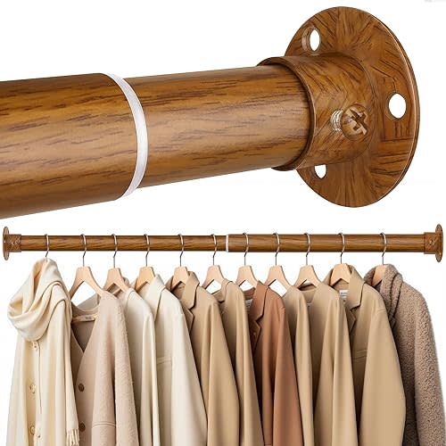 Closet Rods for Hanging Clothes, 17-28 Inch Heavy Duty and Stepless Adjustable Closet Poles, Stainless Steel Closet Hanging Rod for Wardrobes, Laundry Room, Bathroom, RV (Wood-Grain Finish)