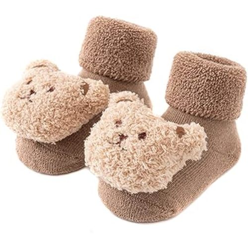 Baby Thickened Plush Floor Anti-Slip Socks - Toddler Warm Cotton Soft Winter Newborn Slippers Bear - Coffee