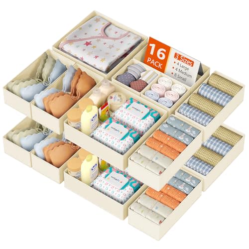 DIMJ Drawer Organizer Clothes 16 Pack - Foldable Baby Organizers and Storage & Dresser Organizer for Bedroom, Closet - Nursery Organization Dresser Dividers for underwear, Sock,Bra, Belt, Tie, Beige