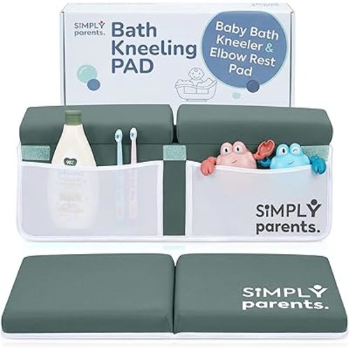 Baby Bath Kneeler and Elbow Rest Pad Set - Quick-Dry, Non-Slip Kneeling Pad for Bathing Toddler, Toy Organizer Pockets, Gift Box, Accessories for Tub, Green