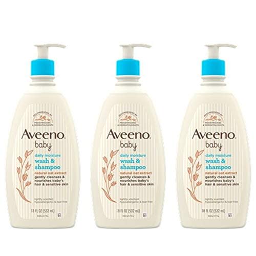 Aveeno Baby Daily Moisture Gentle Bath Wash & Shampoo with Natural Oat Extract, Hypoallergenic, Tear-Free & Paraben-Free Formula for Sensitive Hair & Skin, Lightly Scented, 18 Fl Oz (Pack of 3)