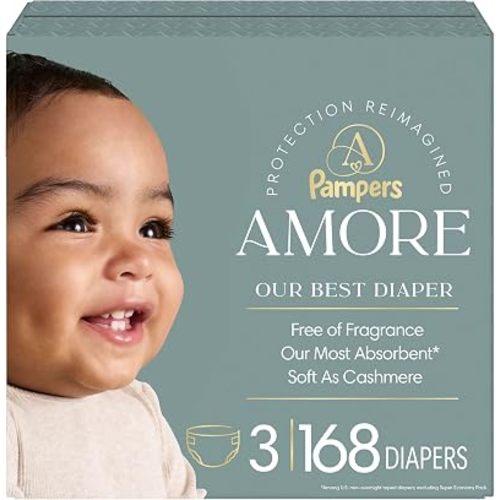 Pampers Amore, Size 3 (13-26 lbs), 168 Count, Our Best Diaper – Hypoallergenic & Fragrance Free, Up to 100% Leakproof, Soft as Cashmere