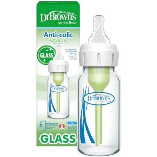 Dr. Brown's Anti-Colic Options+ Narrow Glass Baby Bottle, 4 oz/120 mL, with Level 1 Slow Flow Nipple, BPA-Free, 0m+, 1 Pack
