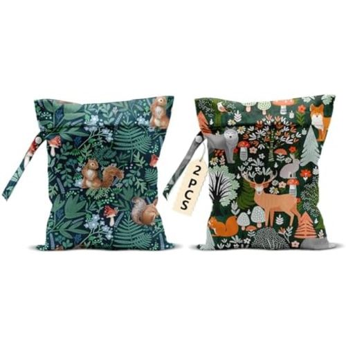 2Pcs Forest Animal Wet Bags 12x10 Inch, Cottage Core Botanical Waterproof Travel Laundry Bags, Squirrel Fox Wolf Reusable Wet Dry Bag for Swimsuit Pool Beach Diapers Dirty Yoga Gym Clothes