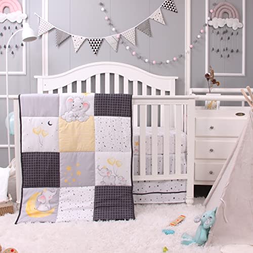 La Premura Starry Elephant Baby Nursery Crib Bedding Set, 3 Piece Gender-Neutral Standard Size Crib Bedding Sets, Black & White