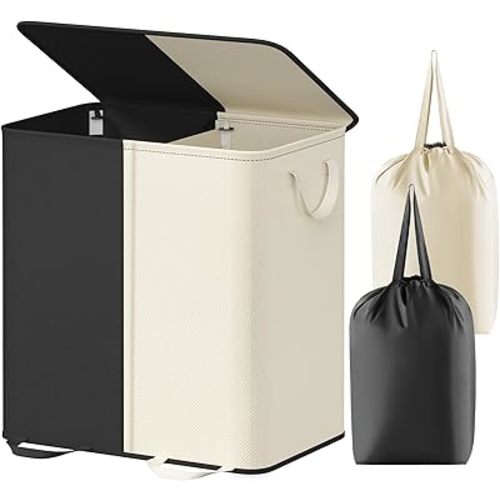 Lifewit Double Laundry Hamper with Lid and Removable Laundry Bags, Large Collapsible 2 Dividers Dirty Clothes Basket with Handles for Bedroom, Laundry Room, Closet, Bathroom, College, 136L White&Black