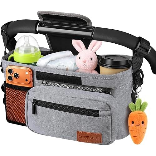 Guiseapue Universal Stroller Organizer with Cup Holder: Baby Essentials, Stroller Caddy with Shoulder Strap, Detachable Phone Bag, Stroller Accessories, Chirstmas New Moms Baby Gifts