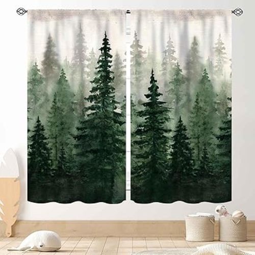 Watercolor Forest Curtains, Nature Tropical Woodland Pine Trees Jungle Art Printed Forest Green Blackout Curtains Drapes for Kids Baby Nursery Bedroom Living Room 2 Panels Set,42"x45" Inch